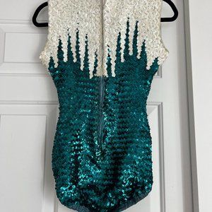 1980s Turquoise & White Sequin Bodysuit - Dance Costume - Size 24" Waist